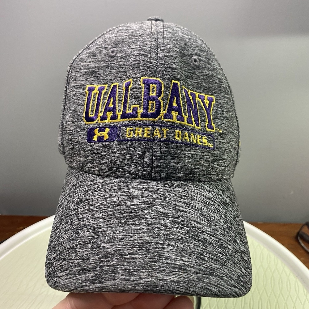 University Albany Great Danes Gray/Purple Baseball Hat Cap Sz.L Stretch